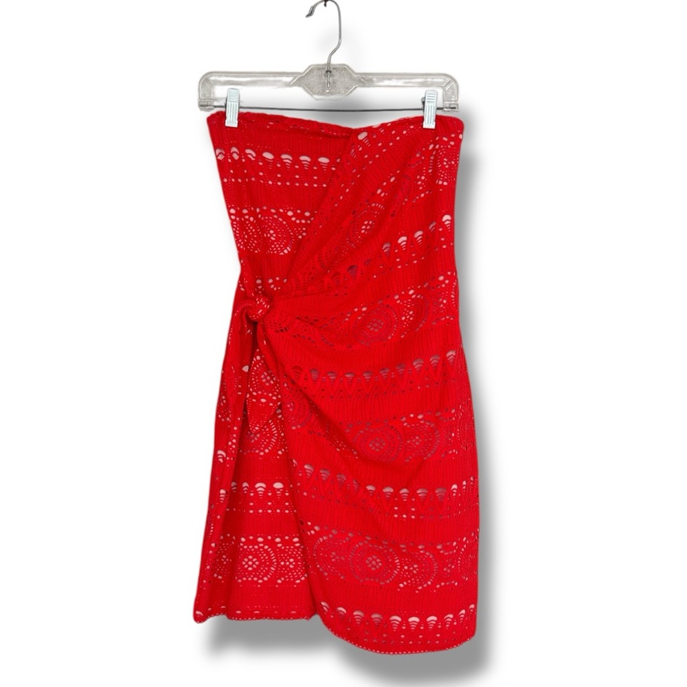 Free People Oceanside Coral Red Strapless Crochet Lace Dress Size Small - Picture 2 of 13